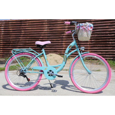 Dámsky retro bicykel 26" Lavida Mahbike 7-prevodový rám 18" Modrý, ružové kolesá